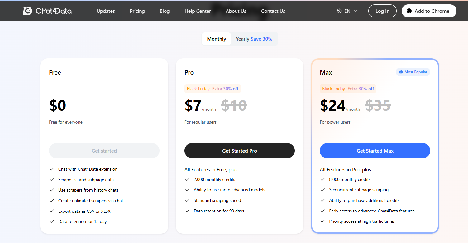 Chat4Data Pricing Options with Free, Pro, and Max plans comparing costs, scraping features, credits, and retention time
